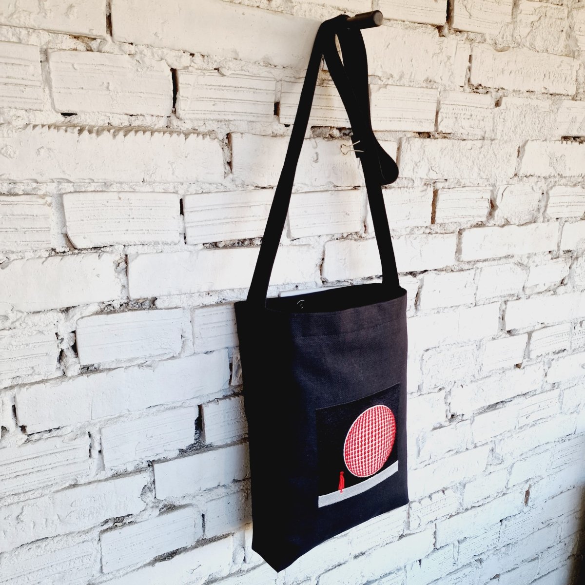 Unisex Black Linen - Cotton Cross Body Bag with 3D Globe Embroidery and Double Lining - RIMALINUM