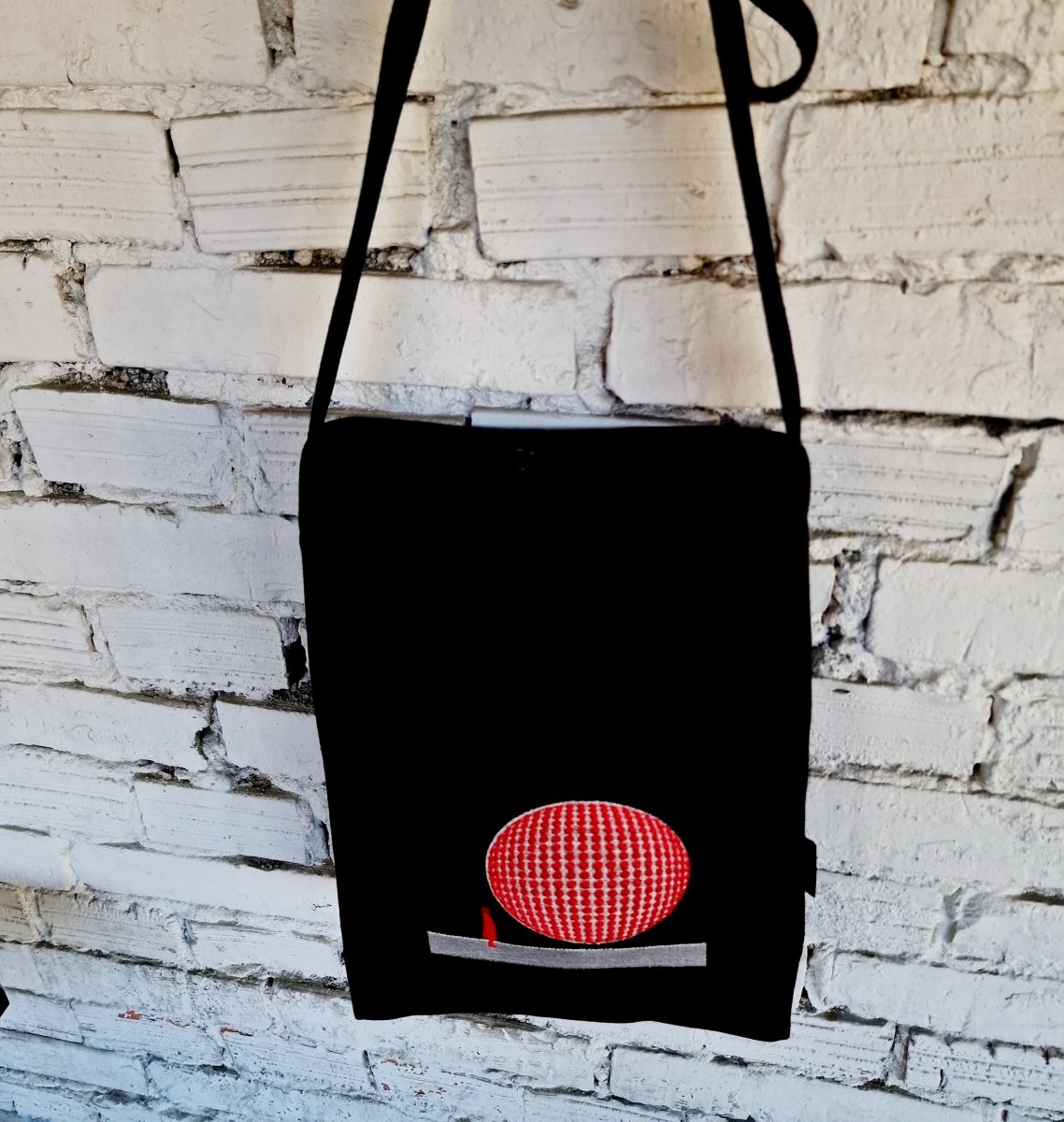 Unisex Black Linen - Cotton Cross Body Bag with 3D Globe Embroidery and Double Lining - RIMALINUM