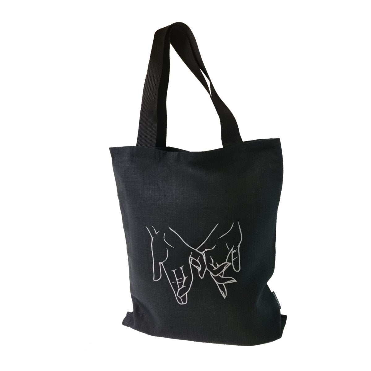 Black Linen Tote Bag with Couple Holding Hands Embroidery - RIMALINUM