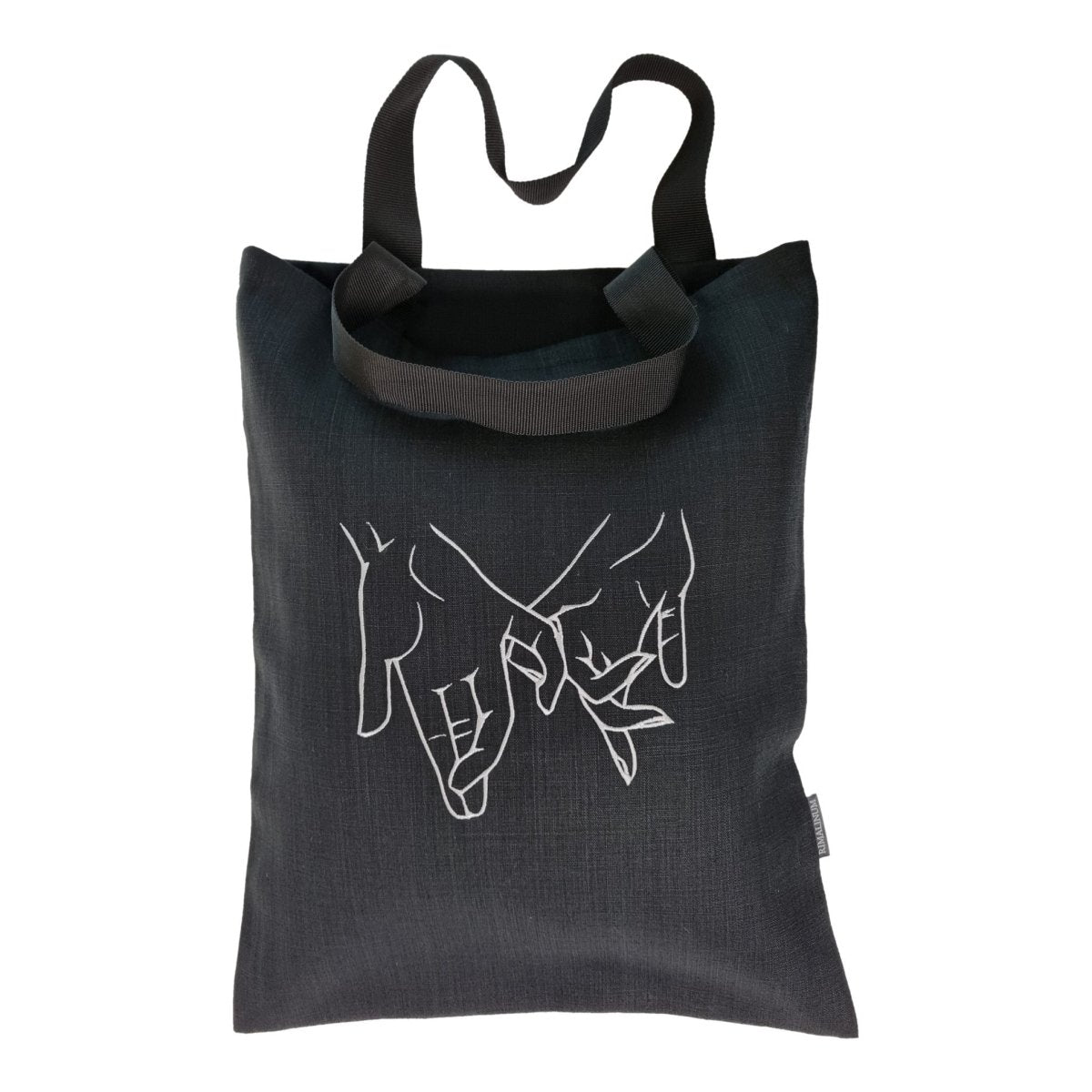 Black Linen Tote Bag with Couple Holding Hands Embroidery - RIMALINUM