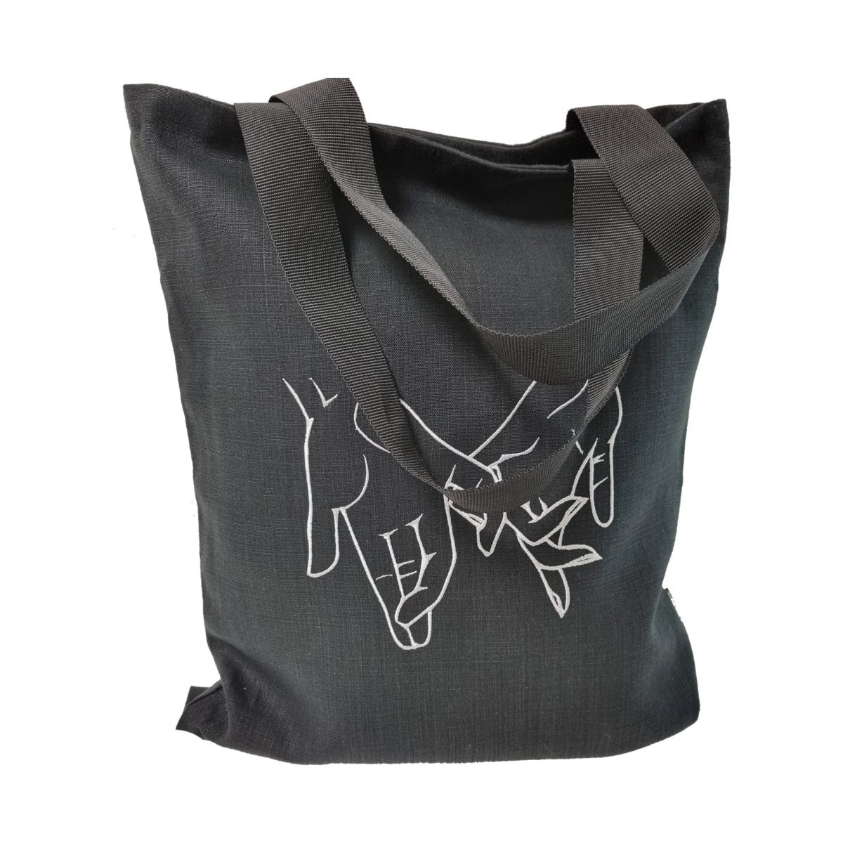 Black Linen Tote Bag with Couple Holding Hands Embroidery - RIMALINUM