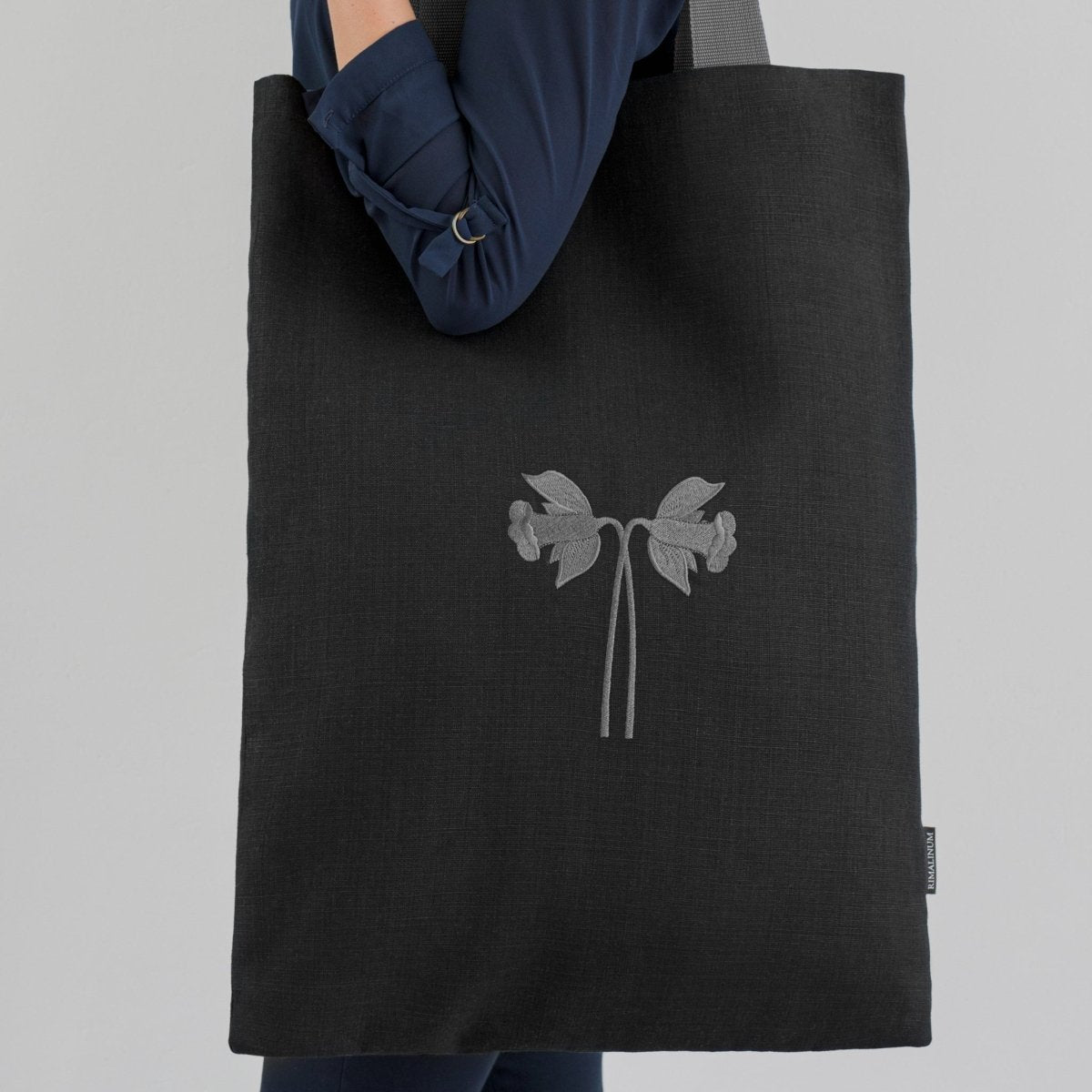 Black Oversized Tote Bag with Embroidered Daffodils | Blue Lining | Interior Pocket - RIMALINUM