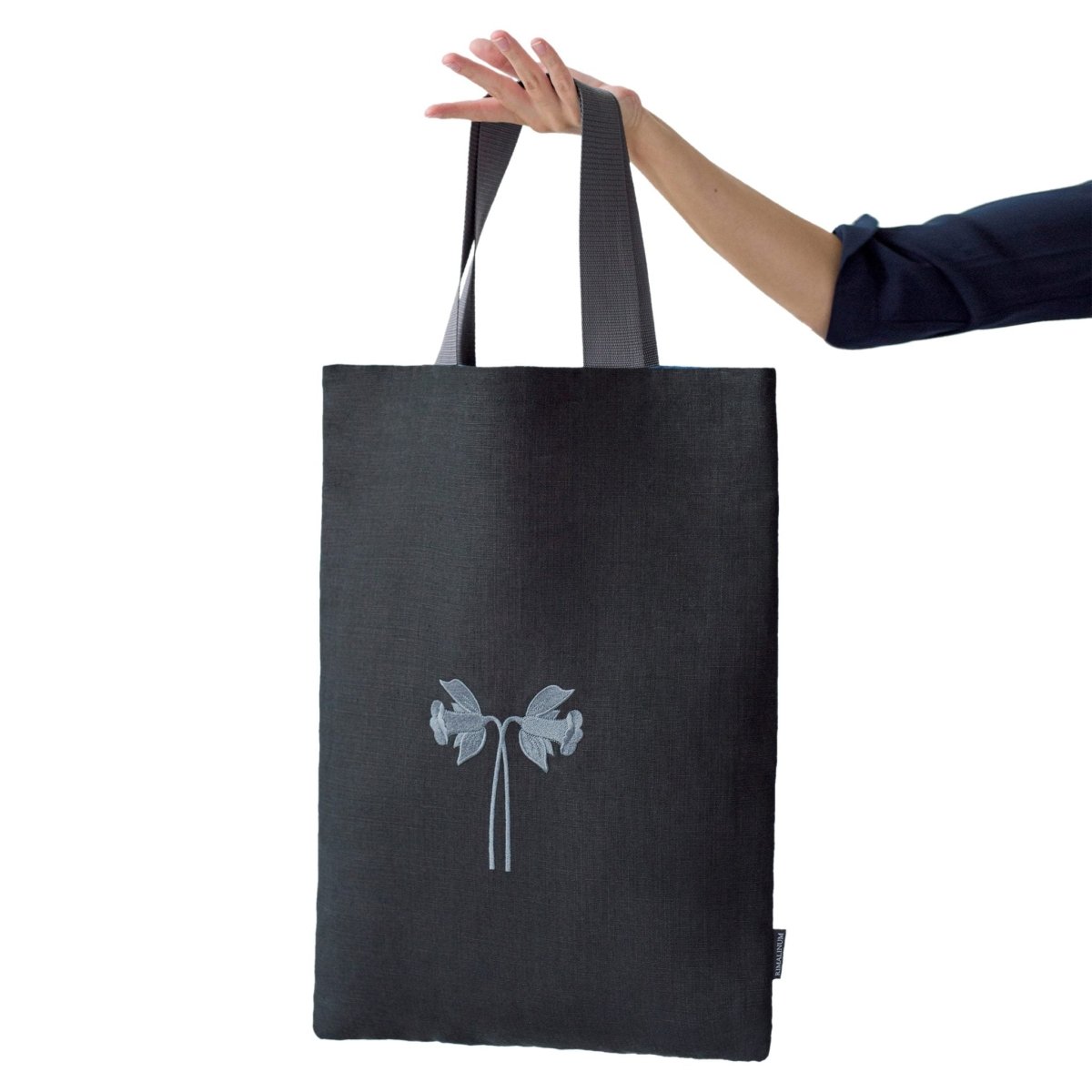Black Oversized Tote Bag with Embroidered Daffodils | Blue Lining | Interior Pocket - RIMALINUM