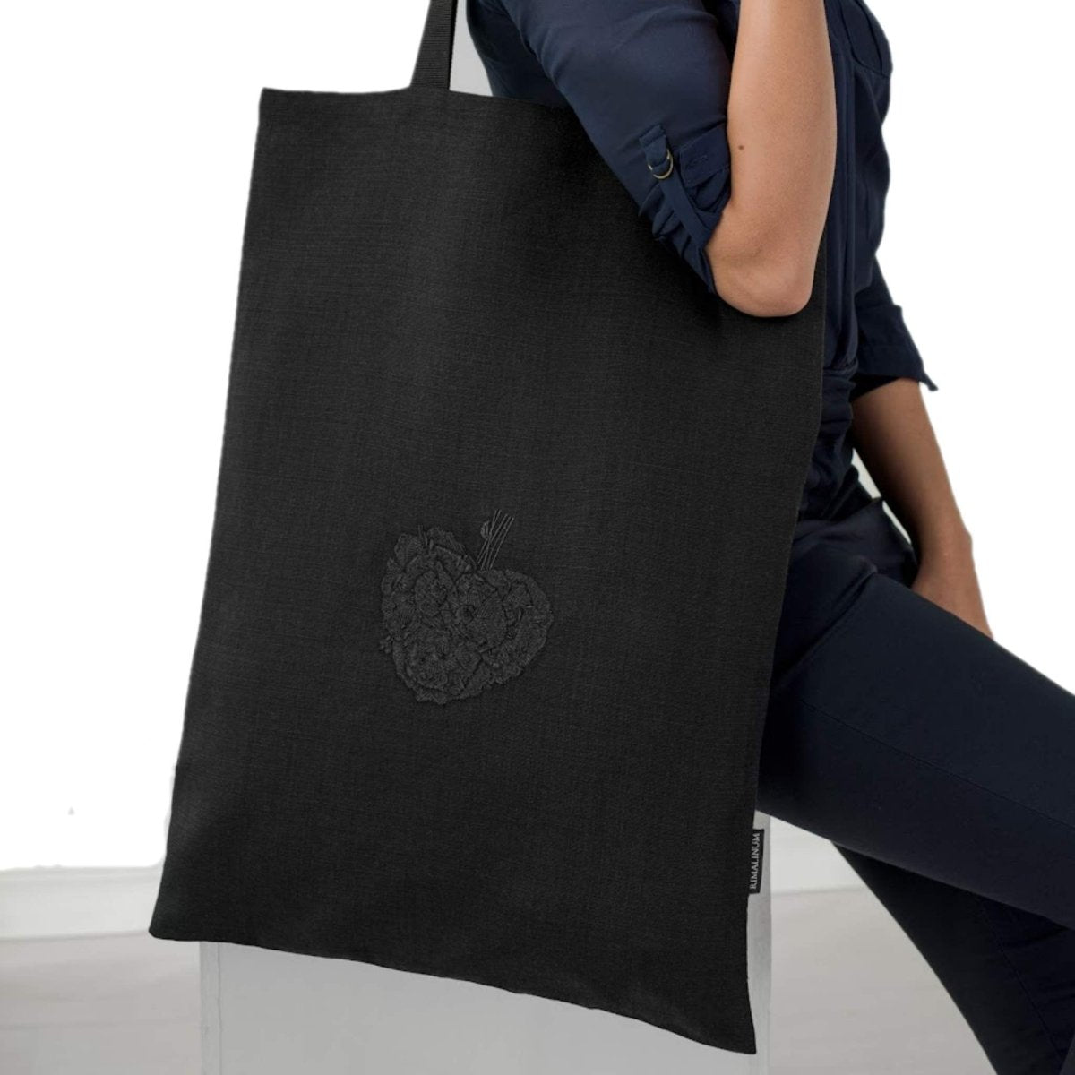 Black Tote Bag Featuring a Matching Black Poppy Flower Embroidered Motif - RIMALINUM