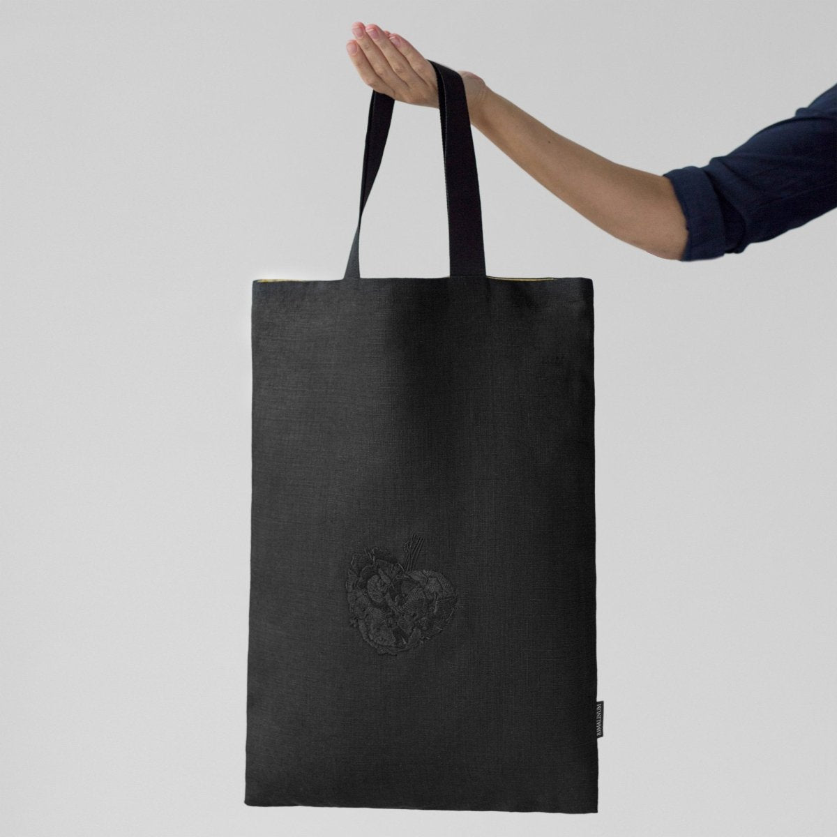 Black Tote Bag Featuring a Matching Black Poppy Flower Embroidered Motif - RIMALINUM