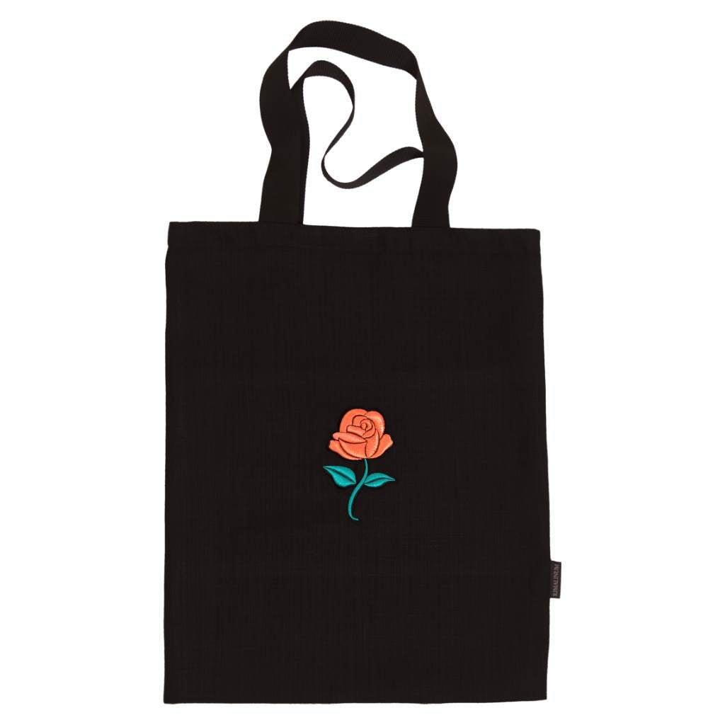 Extra Large Black Linen Tote Bag | 3D Rose Embroidery | Inside Lining with Pocket | Durable Double Layer Bag - RIMALINUM