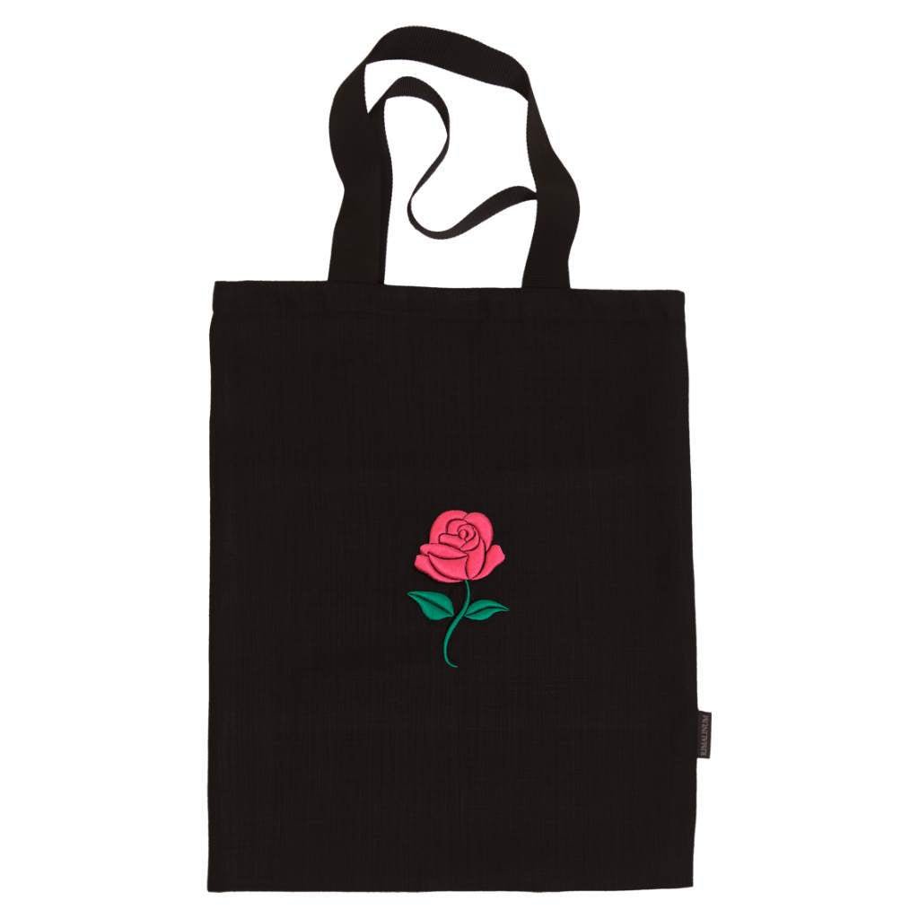 Extra Large Black Linen Tote Bag | 3D Rose Embroidery | Inside Lining with Pocket | Durable Double Layer Bag - RIMALINUM