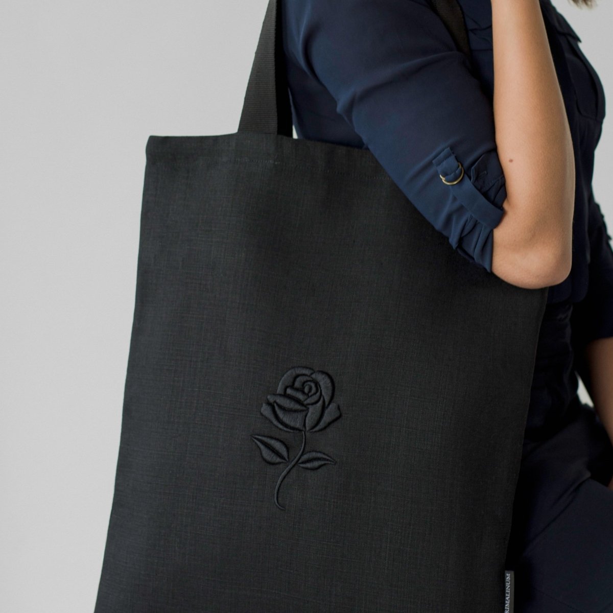 Extra Large Black Linen Tote Bag with 3D Black Rose Design | Excellent Accessory with any Outfit - RIMALINUM
