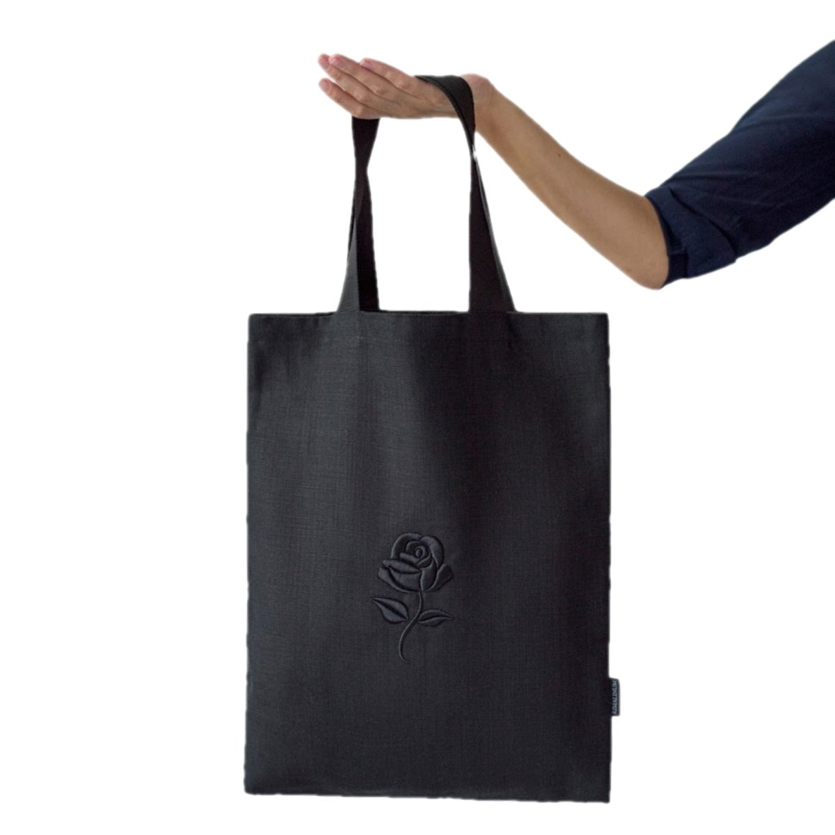 Extra Large Black Linen Tote Bag with 3D Black Rose Design | Excellent Accessory with any Outfit - RIMALINUM