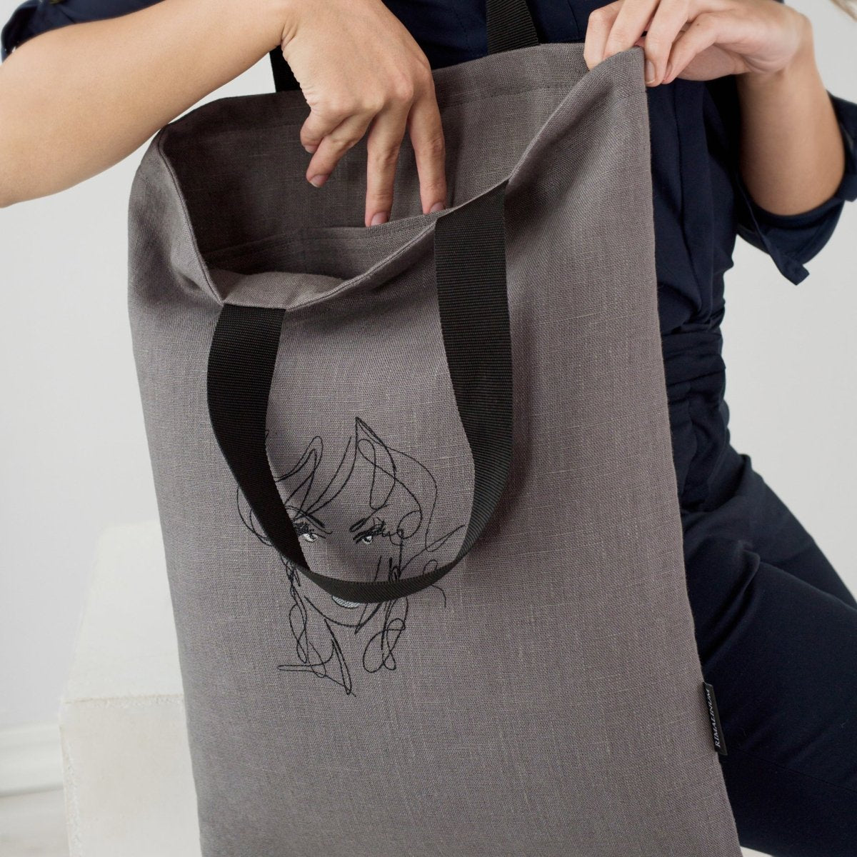 Grey Linen Tote Bag with Girl's Face Embroidery and Inside Slip Pockets - RIMALINUM