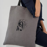 Grey Linen Tote Bag with Young Woman Face Embroidery - Mustard Yellow Lining - RIMALINUM