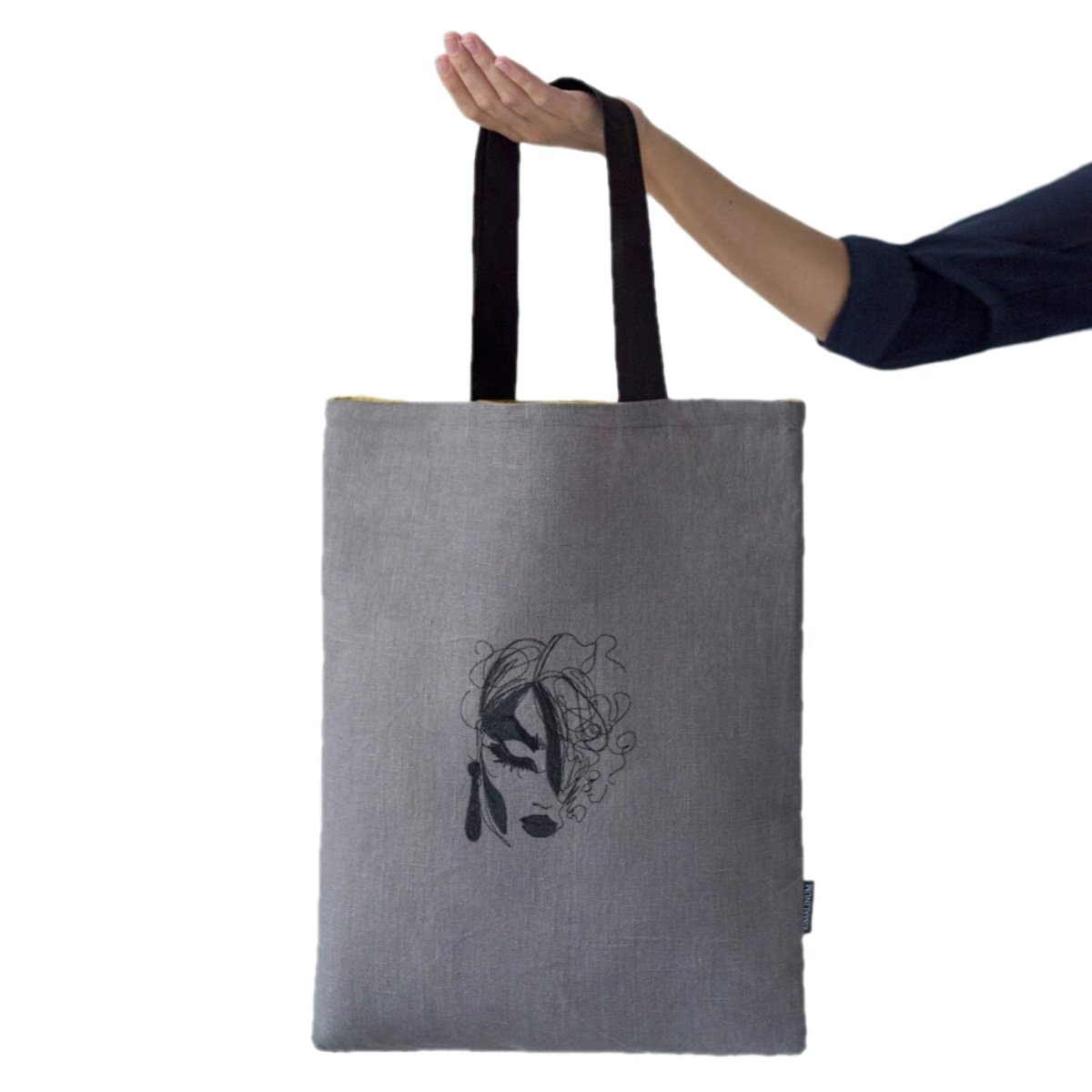 Grey Linen Tote Bag with Young Woman Face Embroidery - Mustard Yellow Lining - RIMALINUM