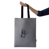 Grey Linen Tote Bag with Young Woman Face Embroidery - Mustard Yellow Lining - RIMALINUM
