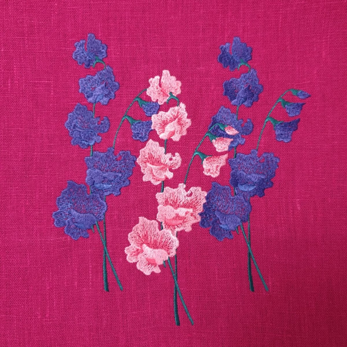 Ruby Pink Linen Tote Bag with Floral Embroidery Design | Perfect Beach, Date or Shopping Bag | Navy Blue Lining with Interior Pocket - RIMALINUM