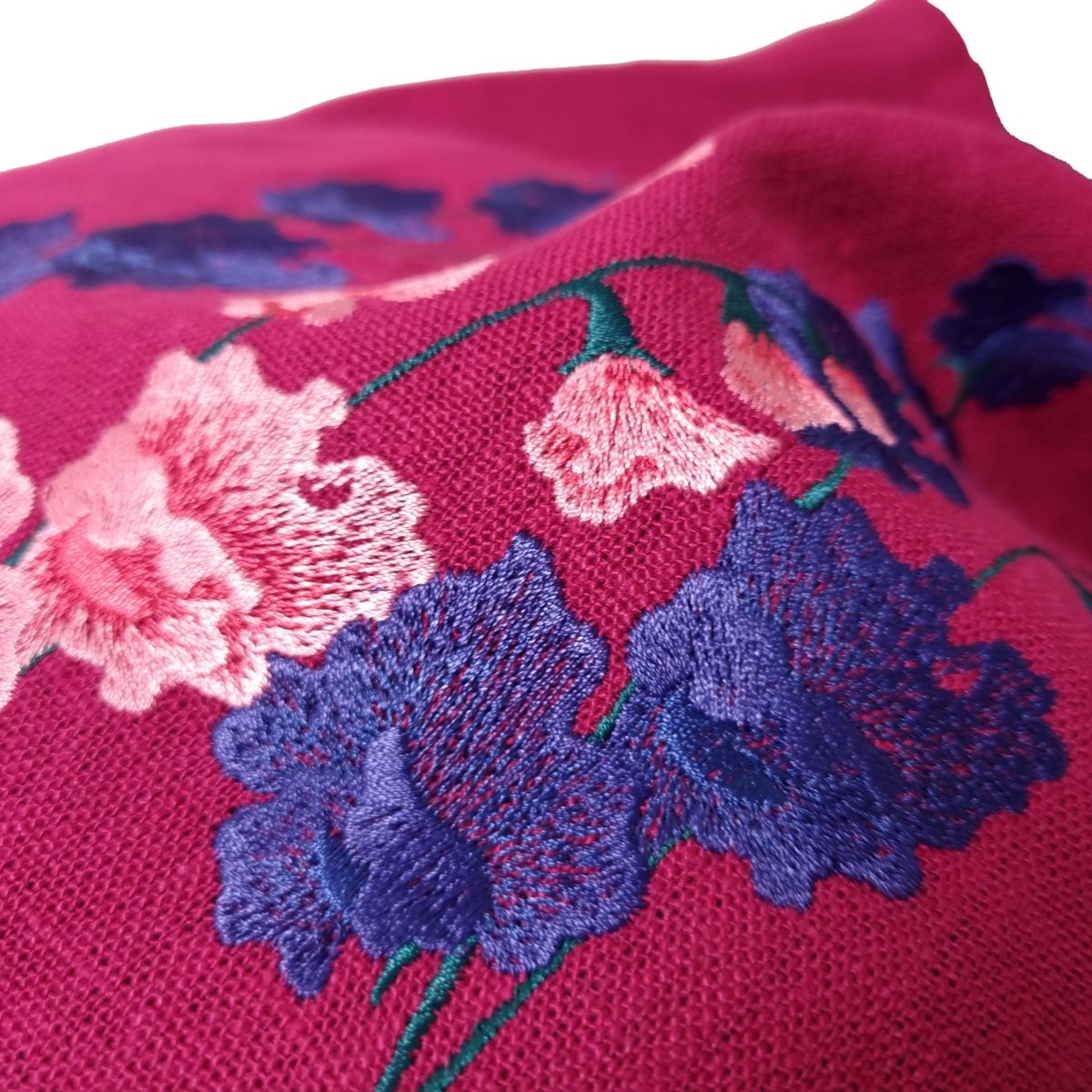 Ruby Pink Linen Tote Bag with Floral Embroidery Design | Perfect Beach, Date or Shopping Bag | Navy Blue Lining with Interior Pocket - RIMALINUM