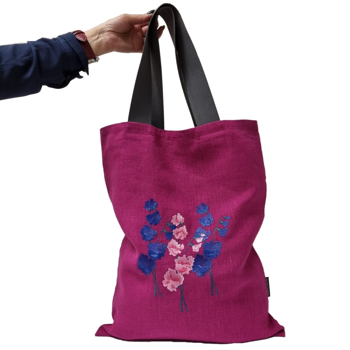 Ruby Pink Linen Tote Bag with Floral Embroidery Design | Perfect Beach, Date or Shopping Bag | Navy Blue Lining with Interior Pocket - RIMALINUM