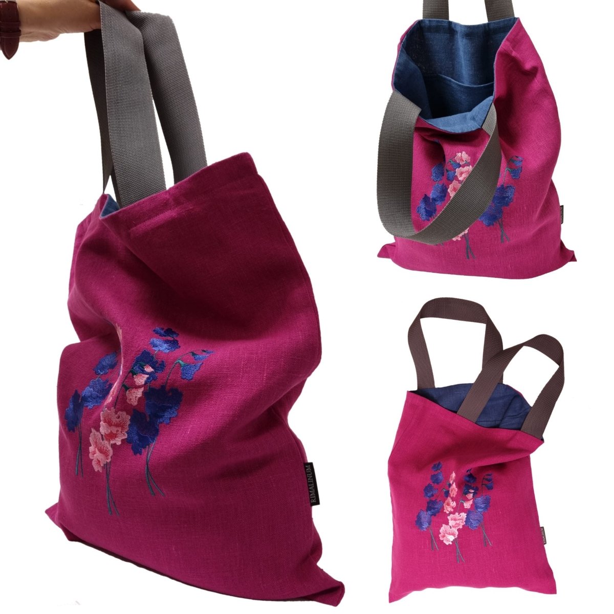 Ruby Pink Linen Tote Bag with Floral Embroidery Design | Perfect Beach, Date or Shopping Bag | Navy Blue Lining with Interior Pocket - RIMALINUM