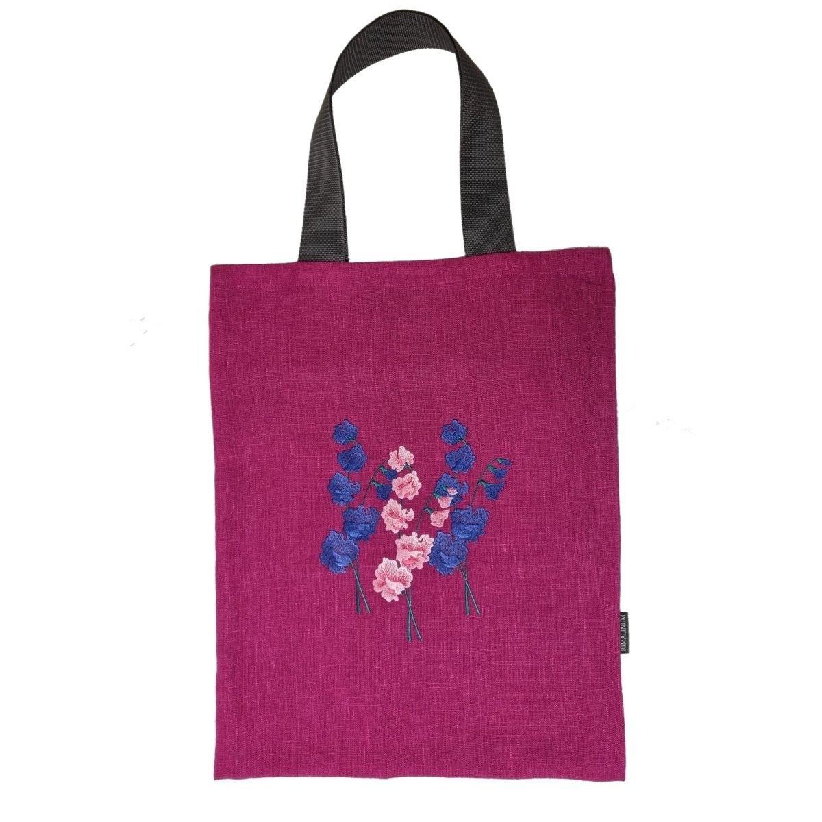 Ruby Pink Linen Tote Bag with Floral Embroidery Design | Perfect Beach, Date or Shopping Bag | Navy Blue Lining with Interior Pocket - RIMALINUM
