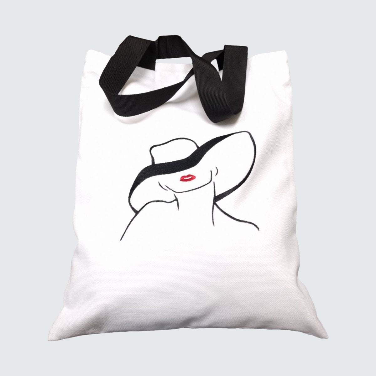 White Canvas Linen Summer Tote Bag with Stylish Lady in Hat Embroidery | Beach, Nigh Out or Travel Accessory - RIMALINUM