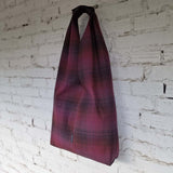 Handmade burgundy plaid cotton hobo bag with long shoulder straps – minimalist everyday tote purse
