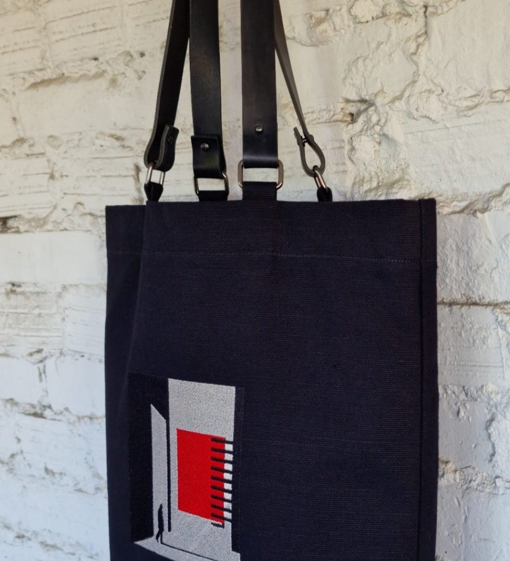 Black Canvas Bag with Gray and Red Geometric Embroidery - The Path Finder - RIMALINUM