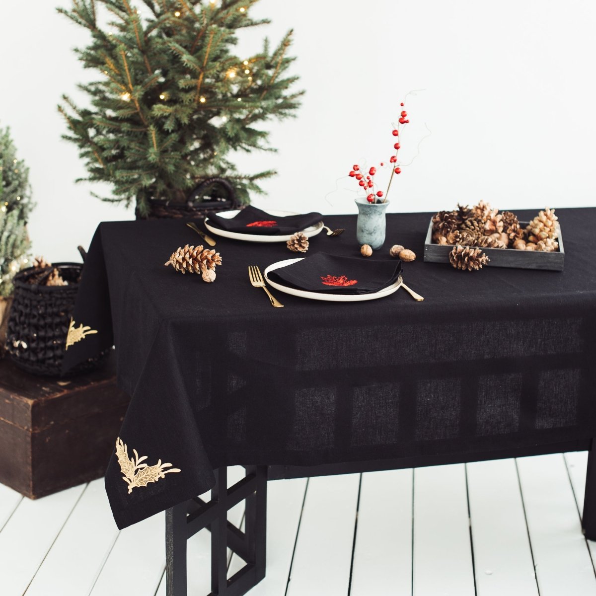 Black Linen Napkin with Red Holly Embroidery | Elegant Christmas Table Decor 2025 | Sets of 2, 4, or 6 - RIMALINUM