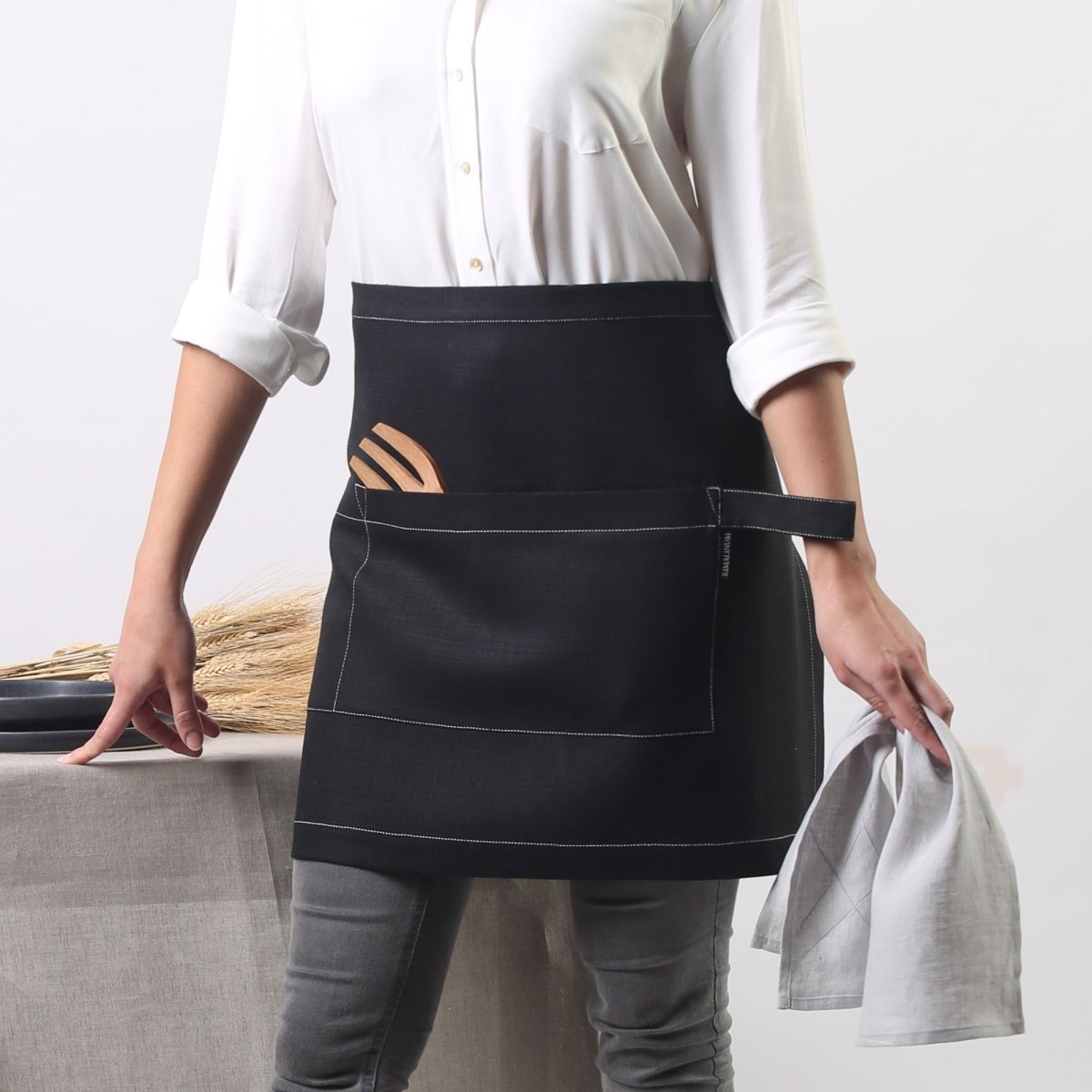 Black Linen Waist Apron with Modern Take on Traditional Style | Two Length Sizes - RIMALINUM