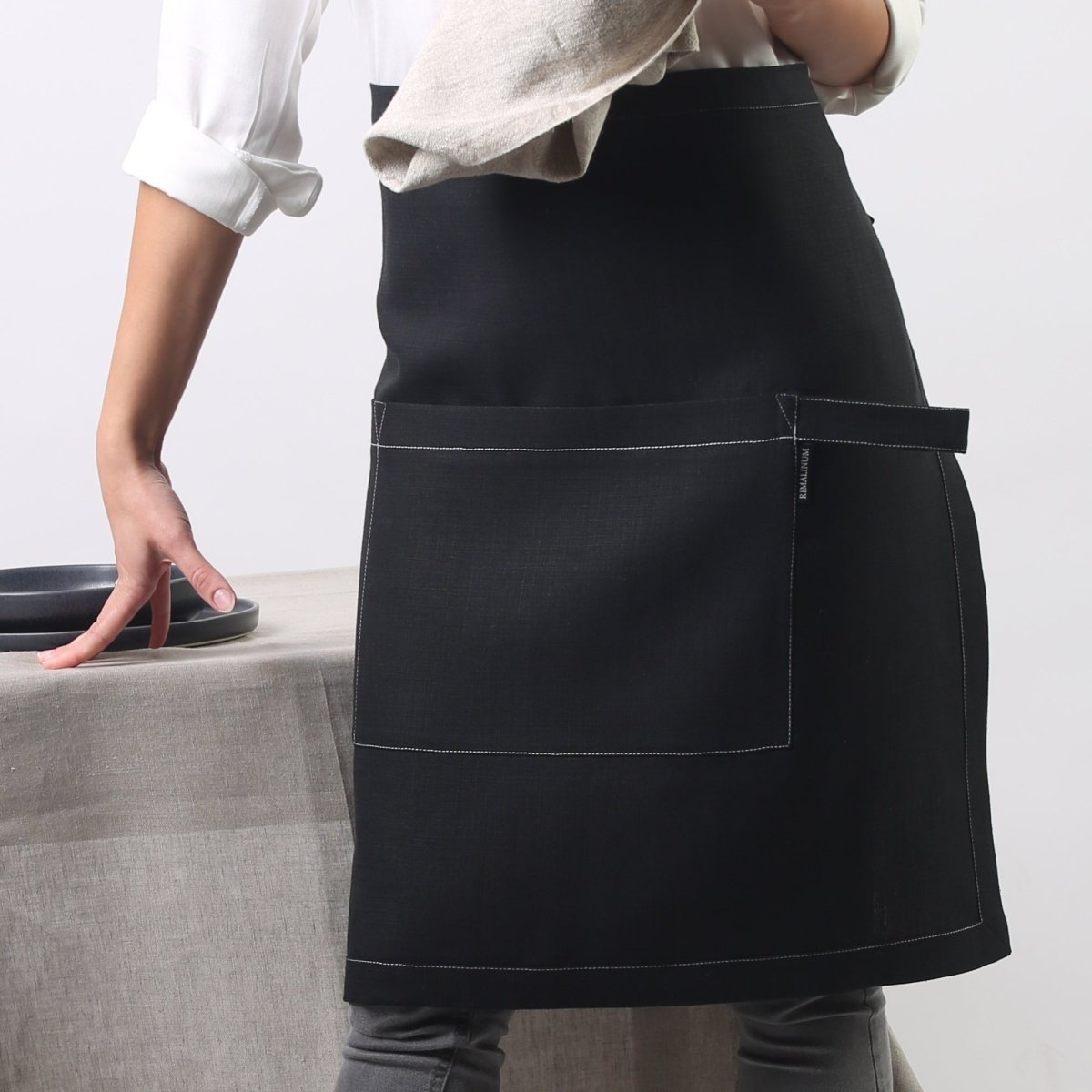 Black Linen Waist Apron with Modern Take on Traditional Style | Two Length Sizes - RIMALINUM