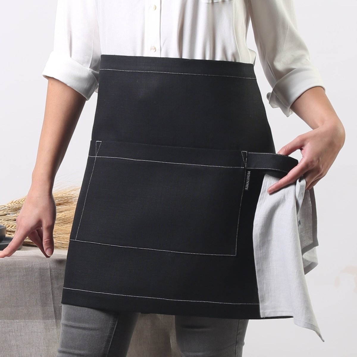 Black Linen Waist Apron with Modern Take on Traditional Style | Two Length Sizes - RIMALINUM