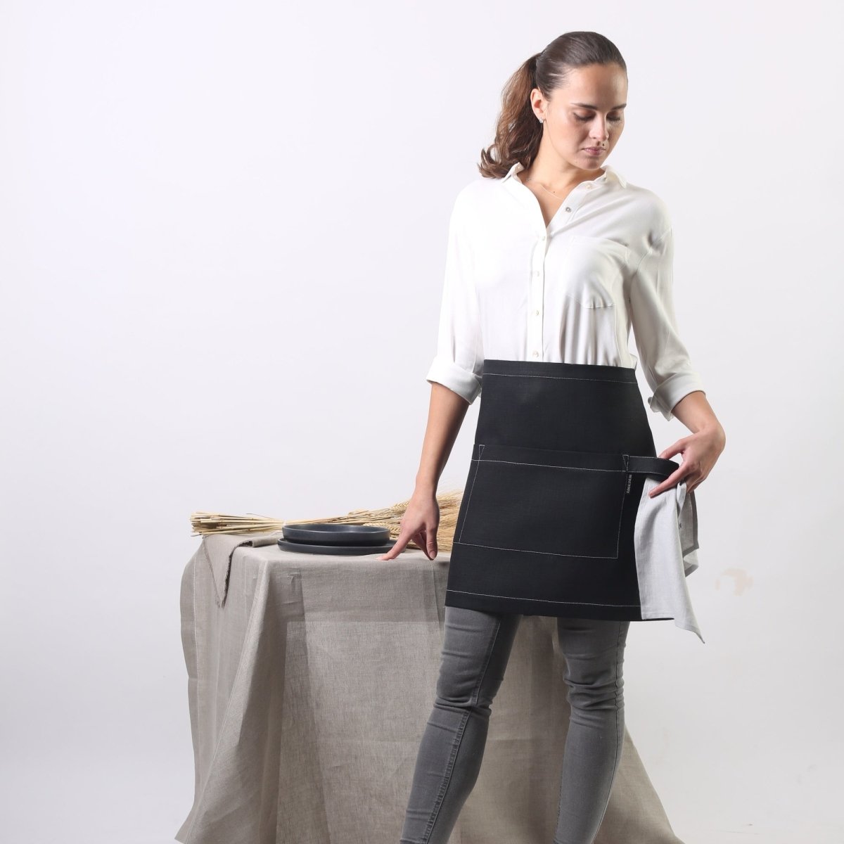Black Linen Waist Apron with Modern Take on Traditional Style | Two Length Sizes - RIMALINUM