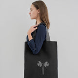 Black Oversized Tote Bag with Embroidered Daffodils | Blue Lining | Interior Pocket - RIMALINUM