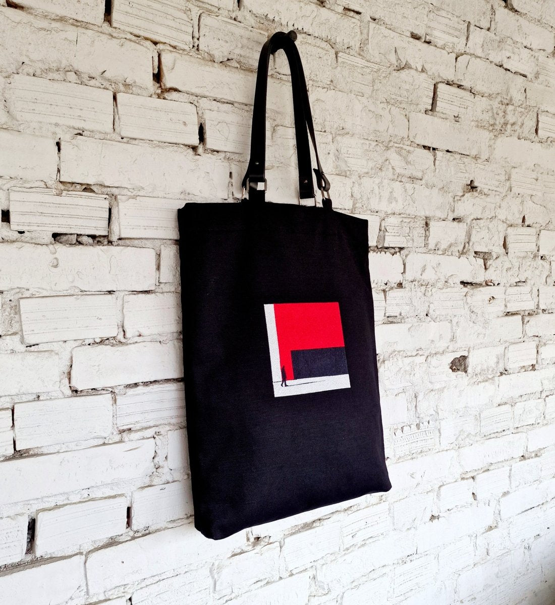 Black Tote Bag with Red Embroidery - The Path Finder, and leather handles - RIMALINUM