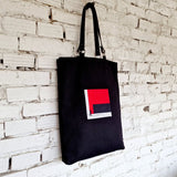 Black Tote Bag with Red Embroidery - The Path Finder, and leather handles - RIMALINUM