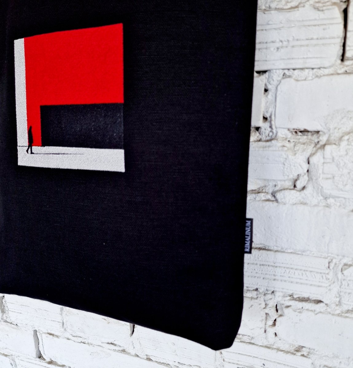 Black Tote Bag with Red Embroidery - The Path Finder, and leather handles - RIMALINUM