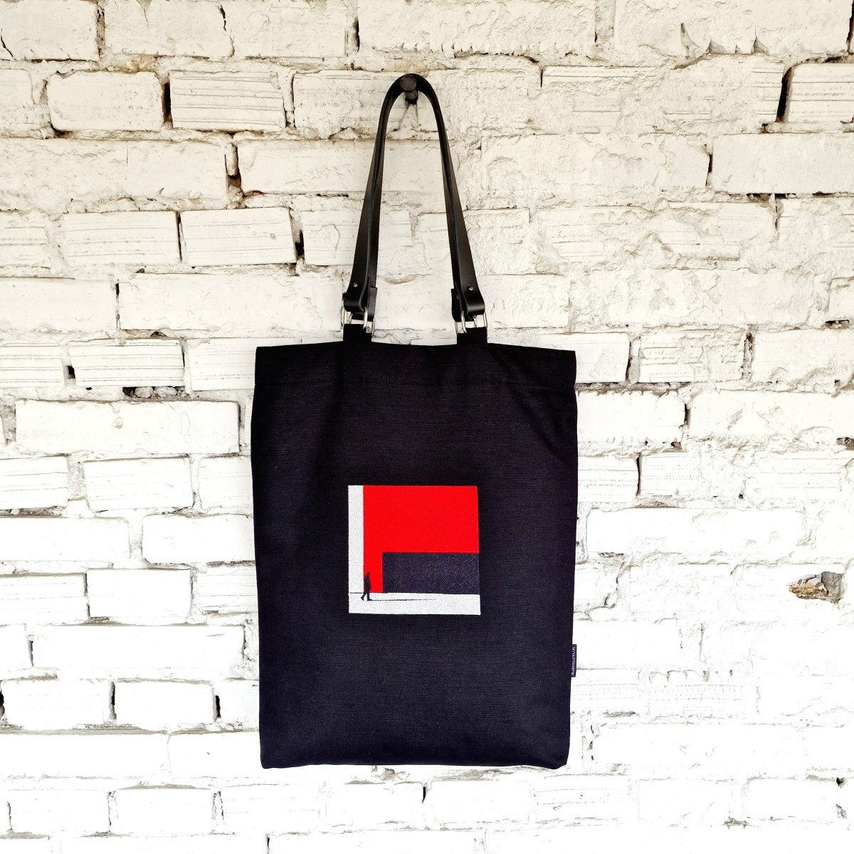 Black Tote Bag with Red Embroidery - The Path Finder, and leather handles - RIMALINUM