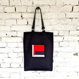 Black Tote Bag with Red Embroidery - The Path Finder, and leather handles - RIMALINUM