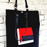 Black Tote Bag with Red Embroidery - The Path Finder, and leather handles - RIMALINUM