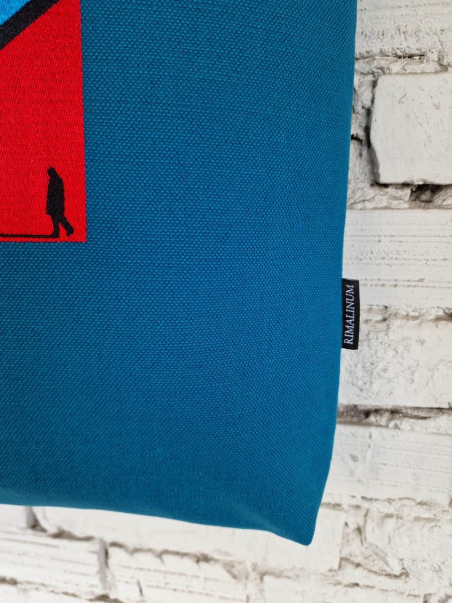 Blue Cotton Canvas Tote Bag with Embroidery and Removable Leather Handles - RIMALINUM