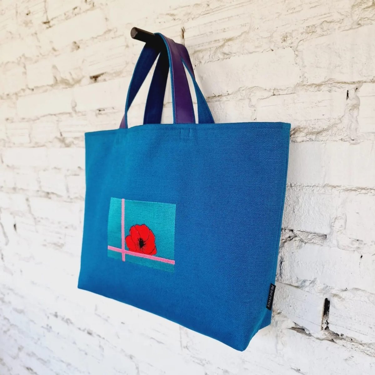 Blue Linen and Cotton Canvas Handbag with Purple Leather Reinforced Handles - RIMALINUM