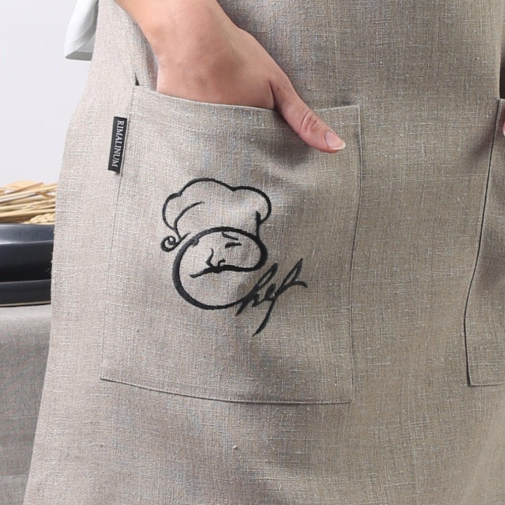 CHEF Natural Linen Waist Apron with Two Pockets - RIMALINUM