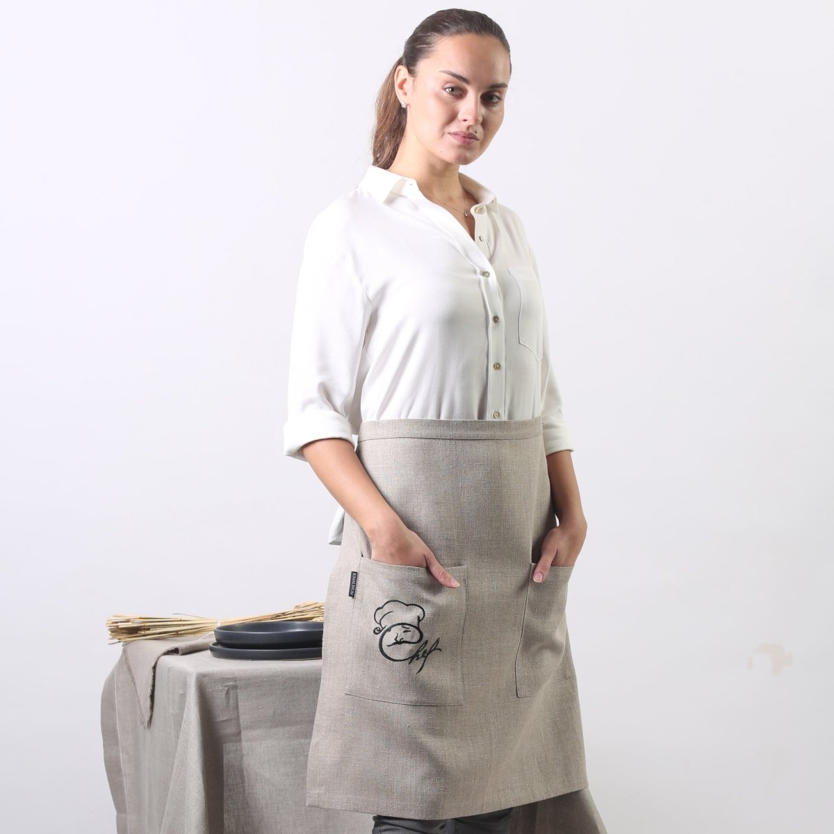 CHEF Natural Linen Waist Apron with Two Pockets - RIMALINUM