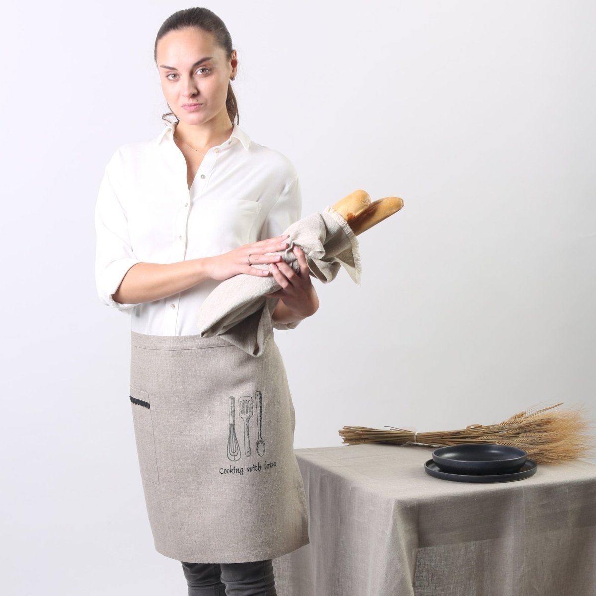 COOKING WITH LOVE Natural Linen Waist Apron | Large Side Pocket with Laces | Kitchen Utensils Ebroidery - RIMALINUM