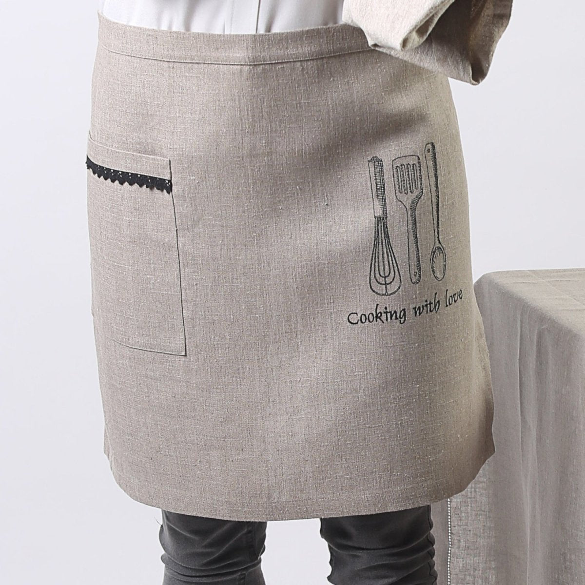 COOKING WITH LOVE Natural Linen Waist Apron | Large Side Pocket with Laces | Kitchen Utensils Ebroidery - RIMALINUM