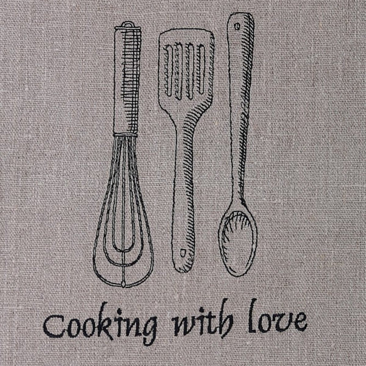 COOKING WITH LOVE Natural Linen Waist Apron | Large Side Pocket with Laces | Kitchen Utensils Ebroidery - RIMALINUM