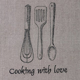COOKING WITH LOVE Natural Linen Waist Apron | Large Side Pocket with Laces | Kitchen Utensils Ebroidery - RIMALINUM