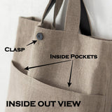 Handmade Natural Linen Bag, Adorned with Embroidered Lotus Flower and Leather Handles - RIMALINUM