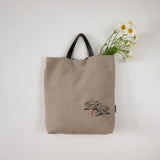 Handmade Natural Linen Bag, Adorned with Embroidered Lotus Flower and Leather Handles - RIMALINUM