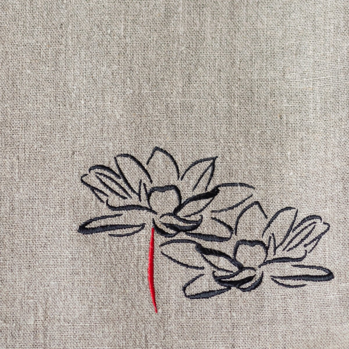 Handmade Natural Linen Bag, Adorned with Embroidered Lotus Flower and Leather Handles - RIMALINUM