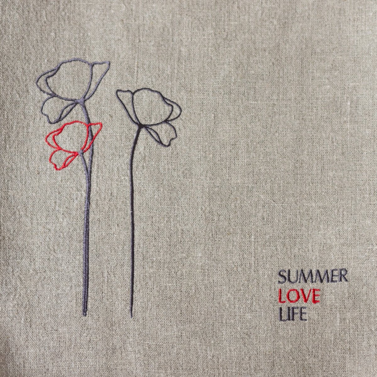 Handmade Natural Linen Bag Adorned with Minimalist Poppy Flowers and SUMMER LOVE LIFE Inscription - RIMALINUM