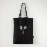 Large Black Linen - cotton Canvas Tote Bag with Genuine Leather Handles and Embroidery - RIMALINUM